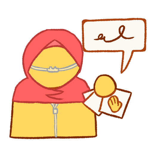 a bust of an emoji yellow person wearing a pink hijab and a nasal cannula holding communication cards, which show a hand on them. there is a speech bubble containing a scribble coming from the cards.